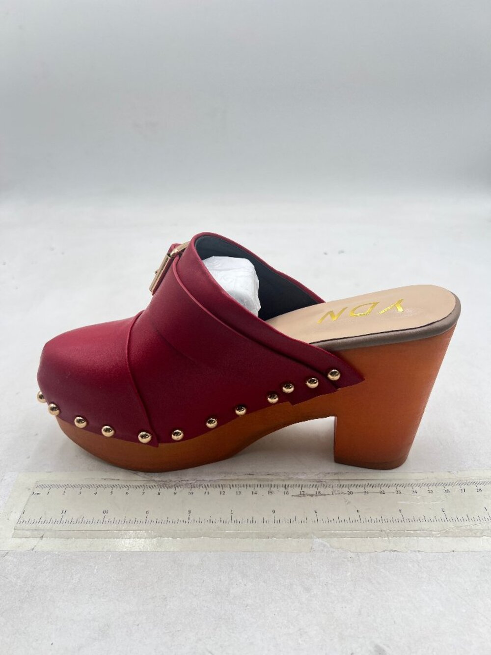 YDN Red Chic Platform Closed Round Toe Mules Rivet Studded Block Heels Sandals - Picture 2 of 8